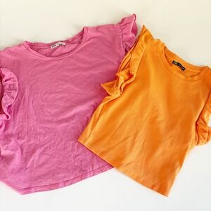 Zara Womens Bundle Lot Pink Orange Ruffle Flutter Sleeve Summer‎ Ribbed Tops L